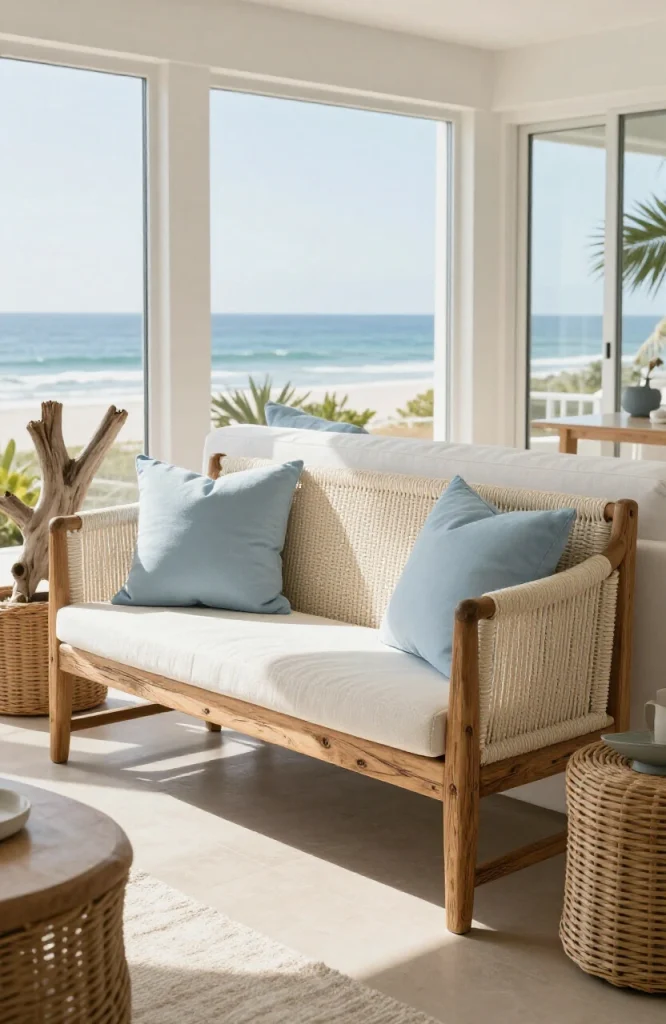 DIY woven rope backrest attached to wooden bench frame with coastal aesthetic and natural fiber weaving