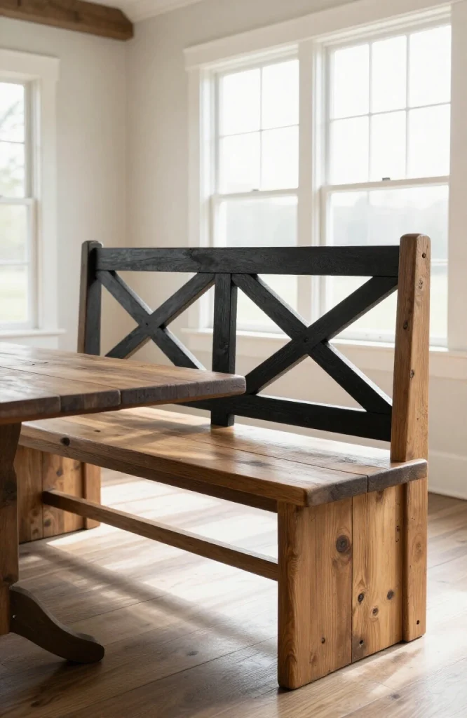wooden bench with x-brace backrest frame featuring black metal crossbars and industrial style support structure