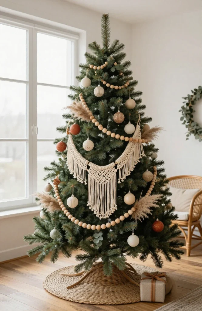 Boho-style Christmas tree decorated with macramé garland, natural wood beads, dried flowers, and neutral-toned ornaments