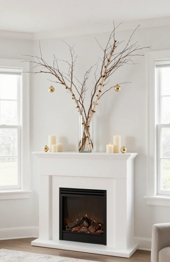 Christmas mantel decorated with tall bare branches in vase, adding height and dimension to holiday display