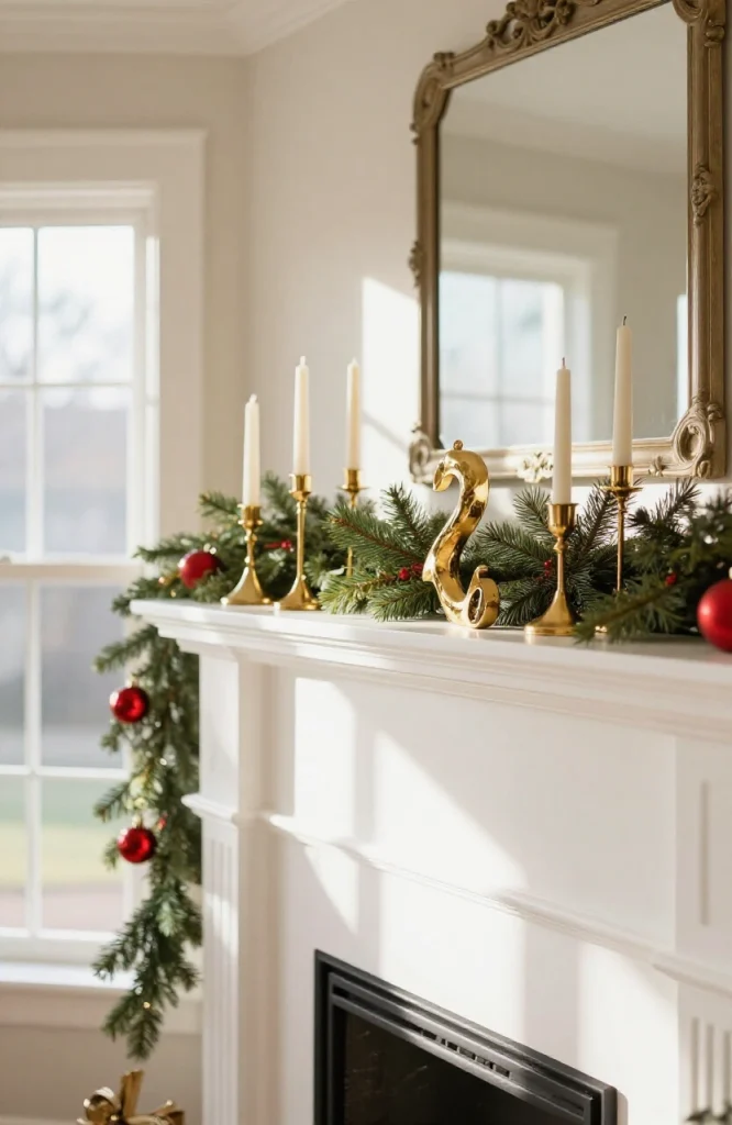 Christmas mantel decorated with candles, greenery, and ornaments arranged in groups of three for visual balance