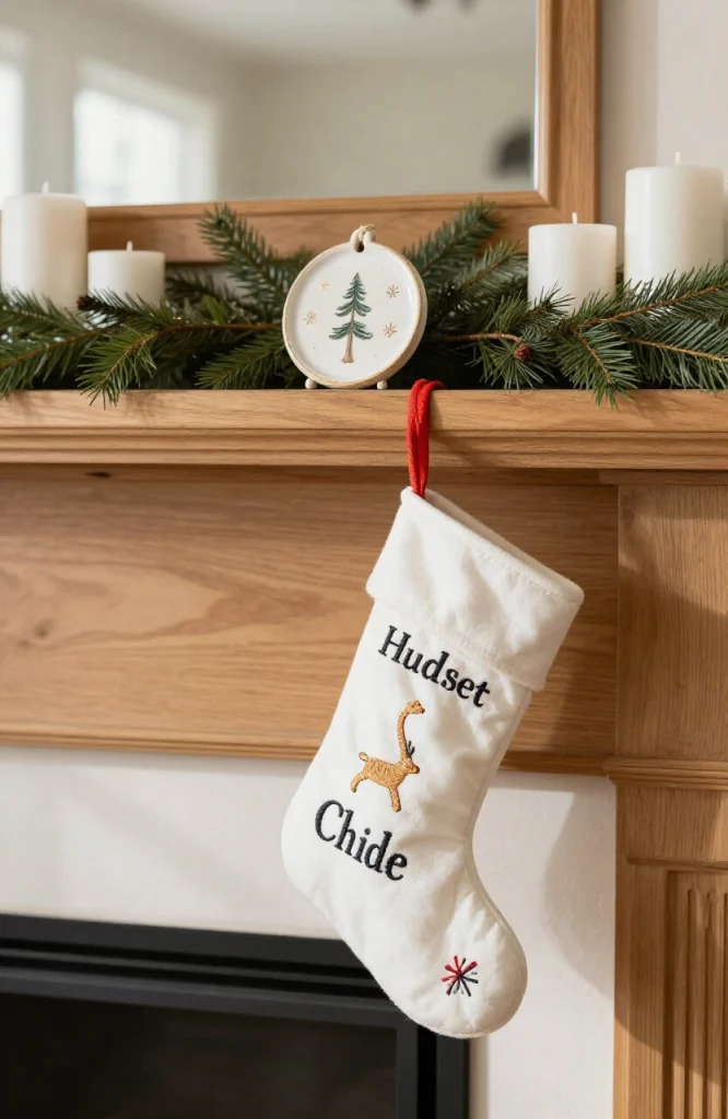Decorated Christmas mantel featuring greenery, candles, and a framed family photo as the final personal touch