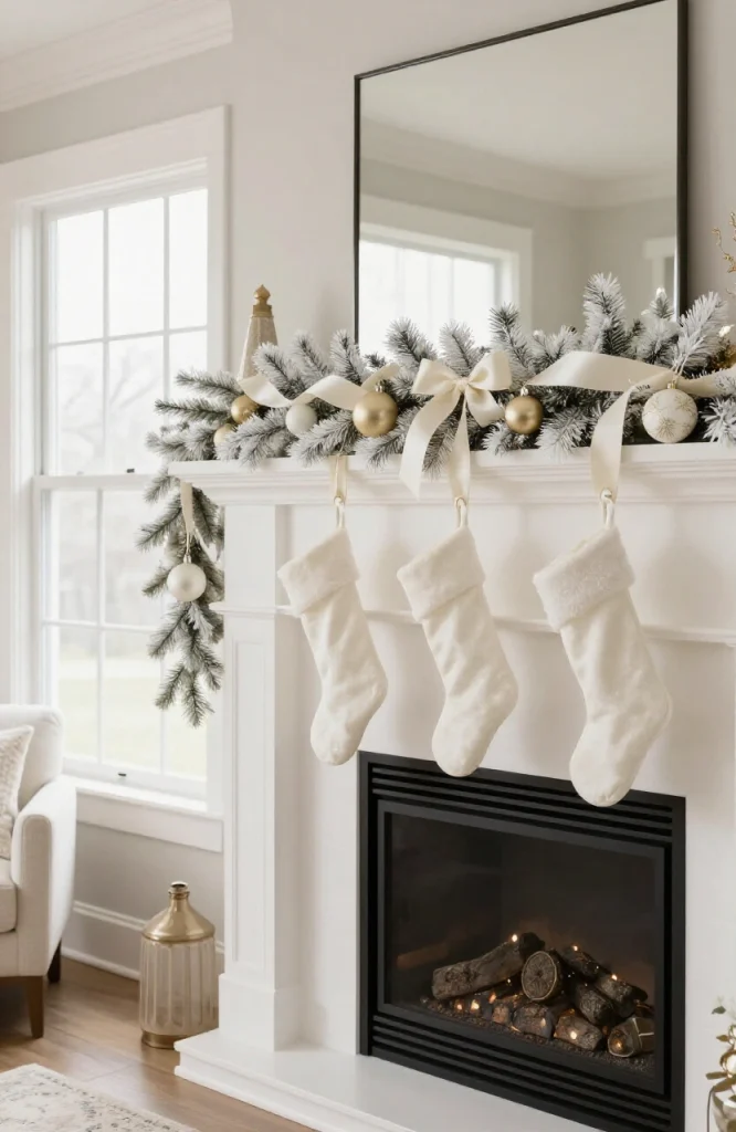 Minimalist Christmas mantel decorated with matching white and cream candles, garland, and ornaments on a fireplace