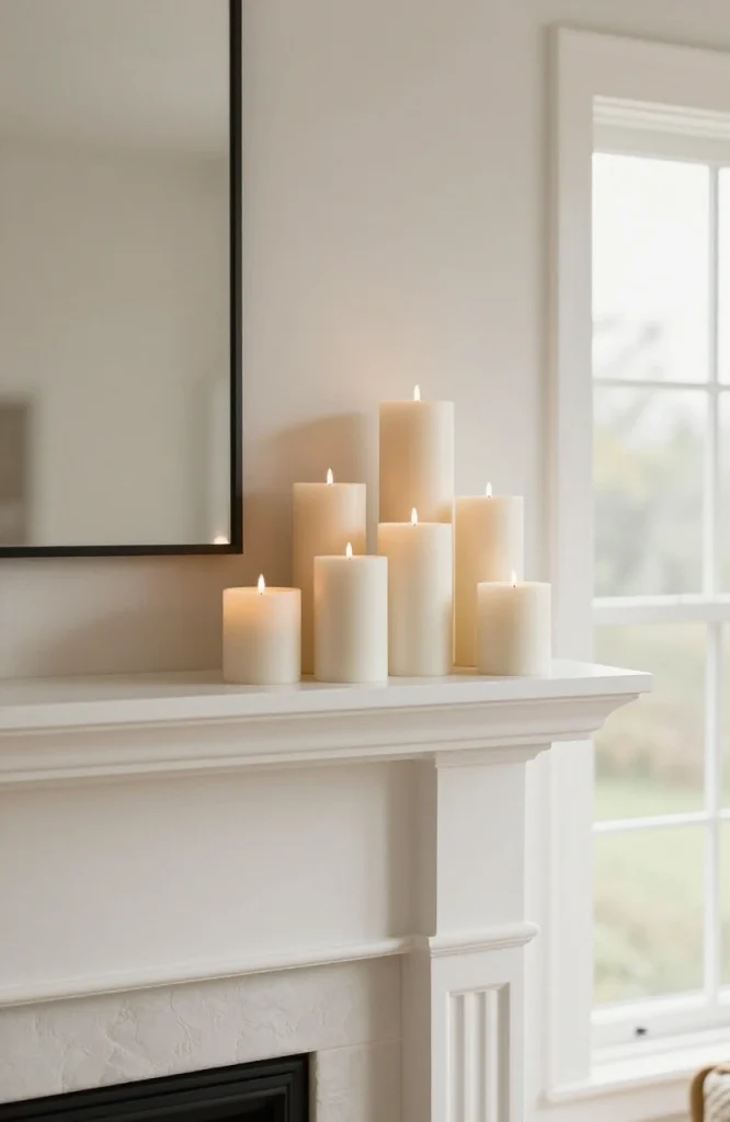 Christmas mantel decorated with candles of different heights arranged on white surface with greenery