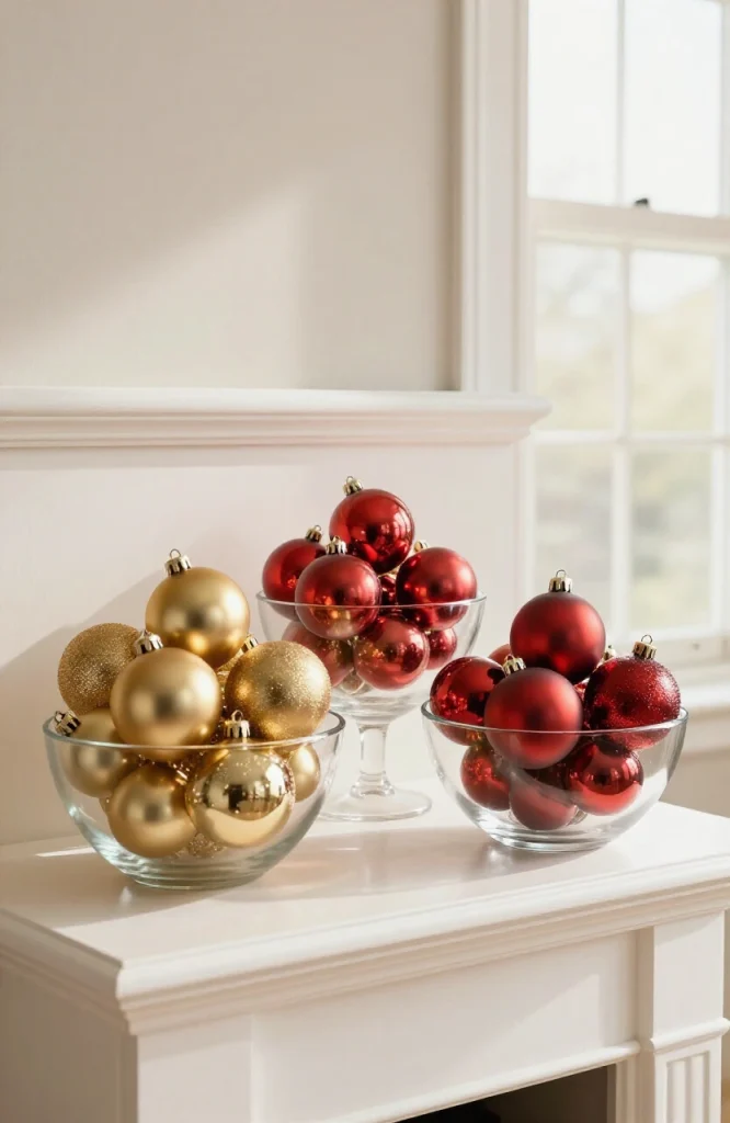 Red and gold ornaments clustered together on a white mantel as festive Christmas decoration