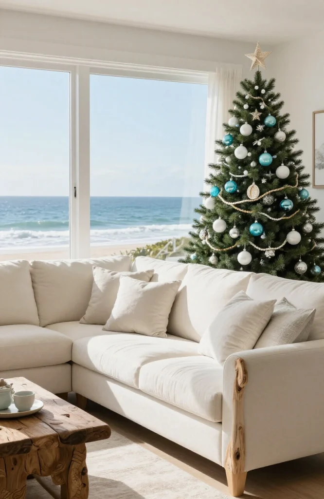 Coastal-themed Christmas tree decorated with white and blue ornaments, nautical accents, and beach-inspired garland