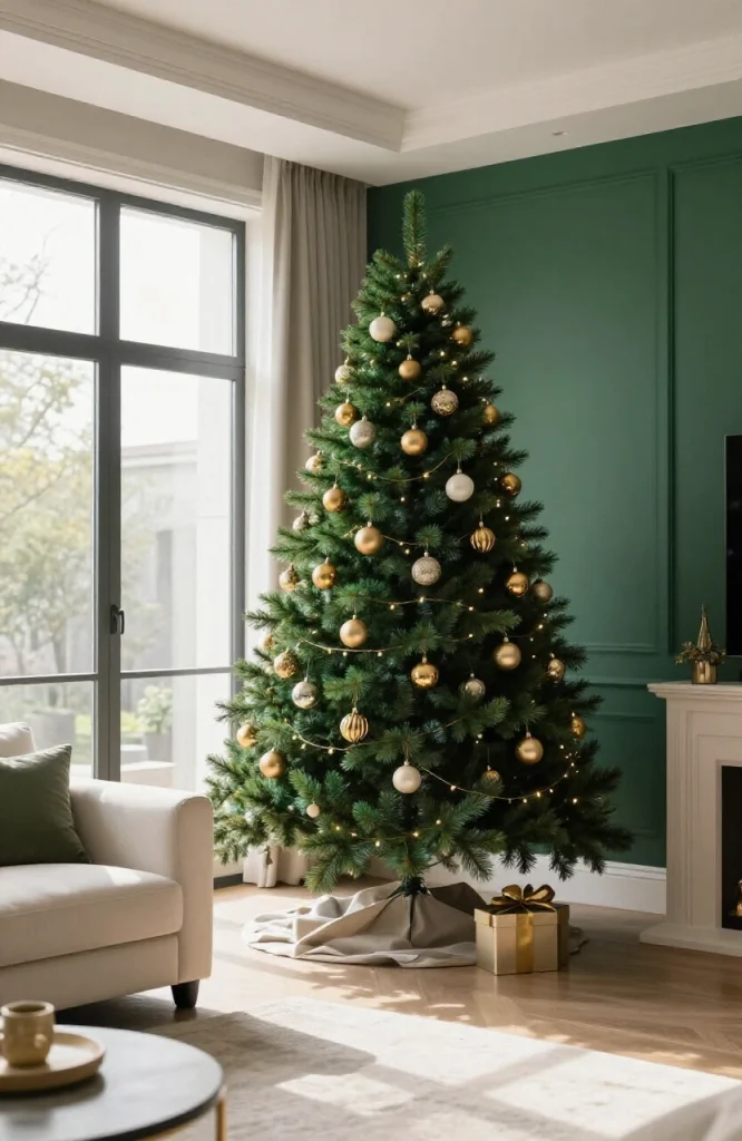 Vibrant multicolor Christmas tree with bold red, gold, blue and green ornaments and garland