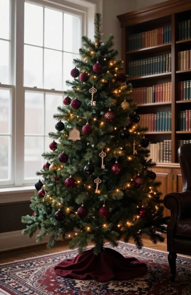 Dark academia themed Christmas tree with deep burgundy and gold ornaments, vintage books, candlesticks, and moody botanical a