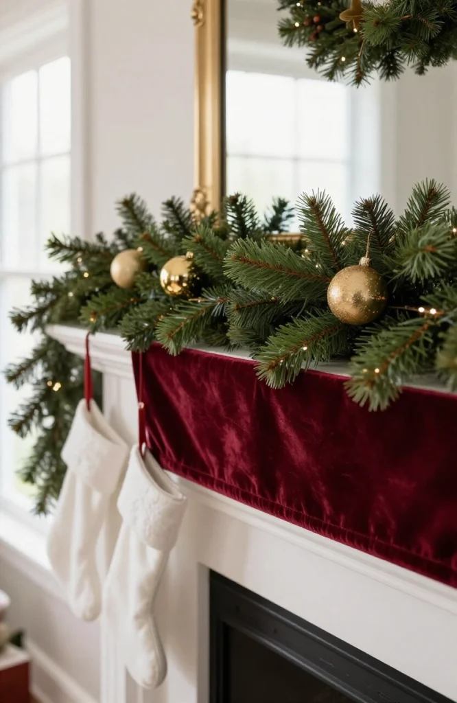 White and gold fabric runner draped underneath Christmas mantel decorations with greenery and candles