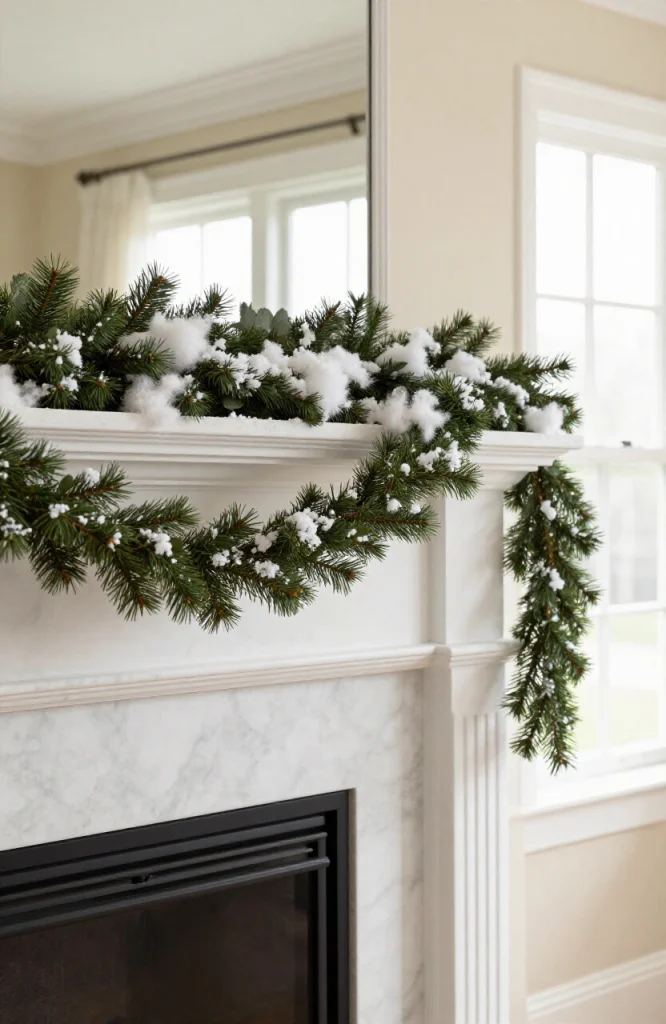 Christmas mantel decorated with white faux snow dusted across greenery and ornaments for textured winter aesthetic