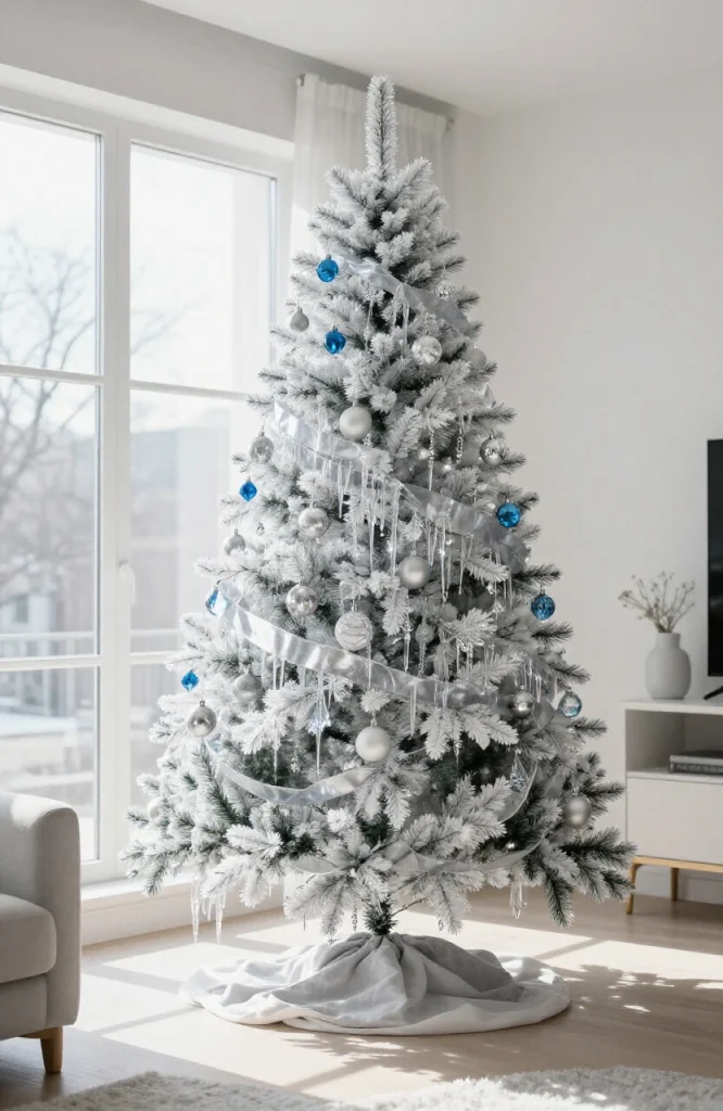 Flocked Christmas tree with white frosted branches decorated with blue and silver ornaments and garland