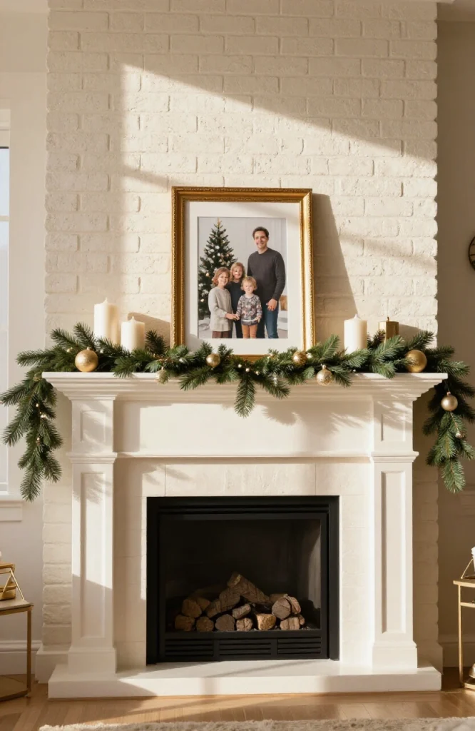 Framed family photo displayed on Christmas mantel with greenery and candles