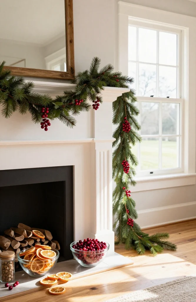 Christmas mantel decorated with fresh citrus slices, cranberries, and greenery arranged in a festive display