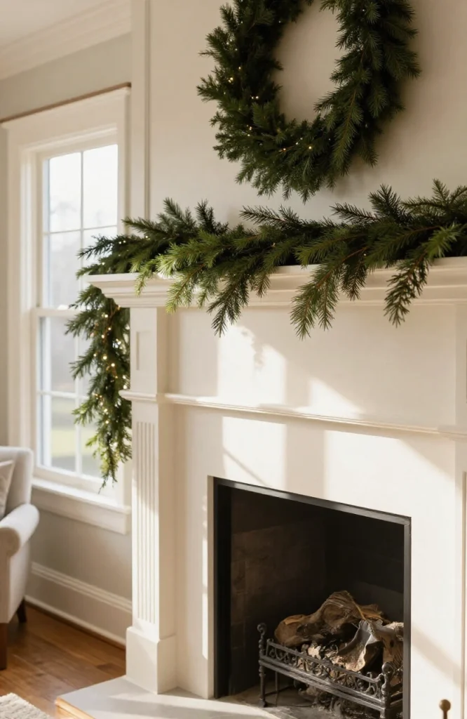 Christmas mantel decorated with full fresh greenery garland draped across fireplace mantel