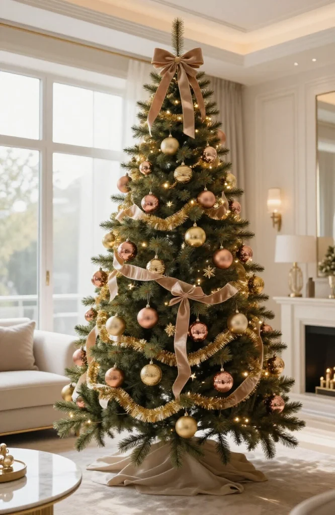 Elegant Christmas tree decorated with gold and silver ornaments, sparkly garland, and luxury accents