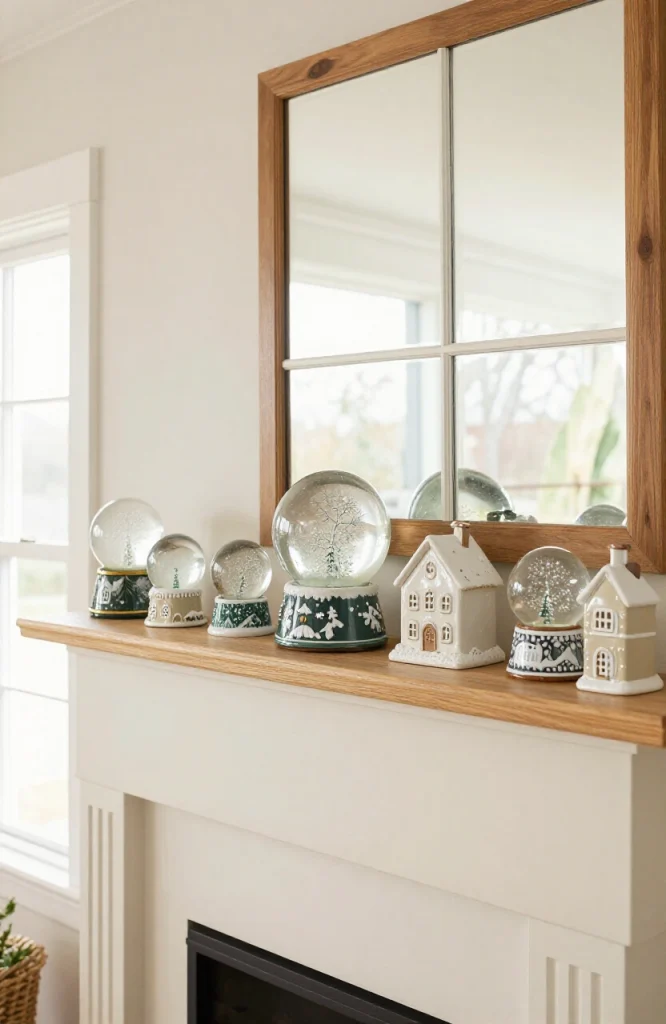 Grouped collection of snow globes and winter figurines arranged on a fireplace mantel for holiday decoration