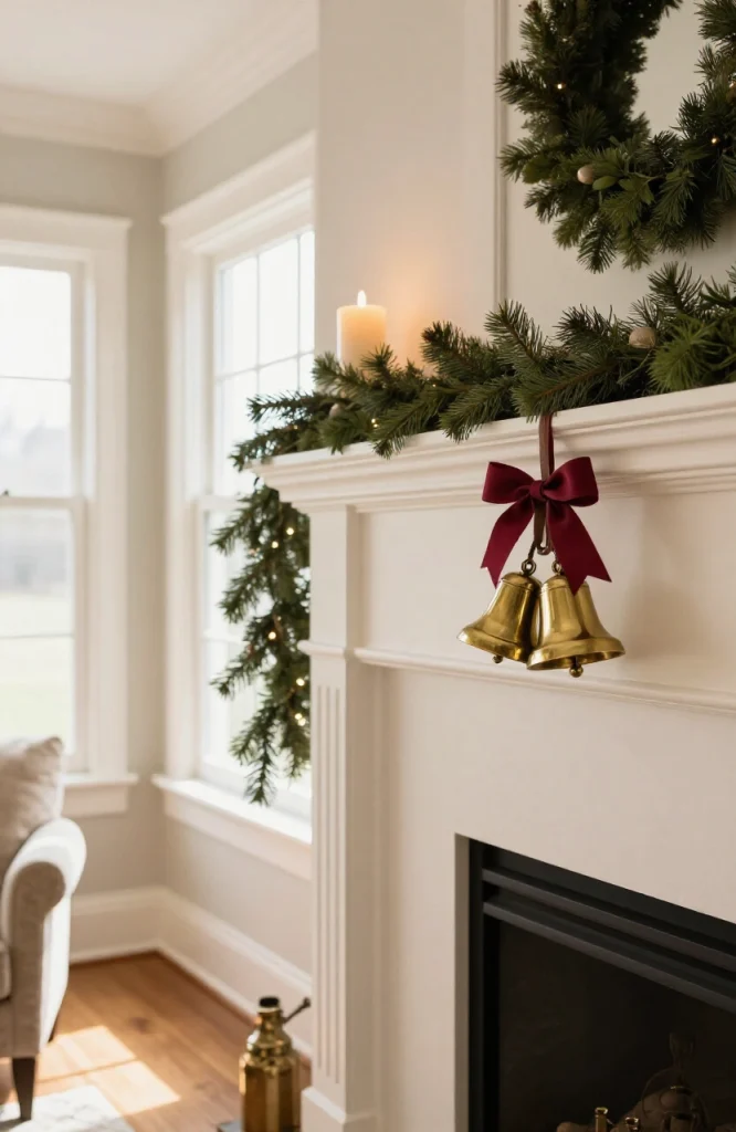 Christmas mantel decorated with a row of hanging sleigh bells in vintage brass finish