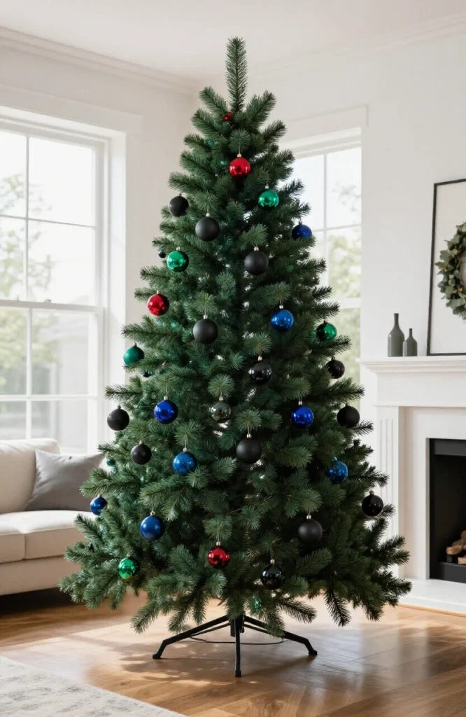 Christmas tree decorated with jewel tone ornaments in deep emerald, sapphire, and ruby colors with gold accents