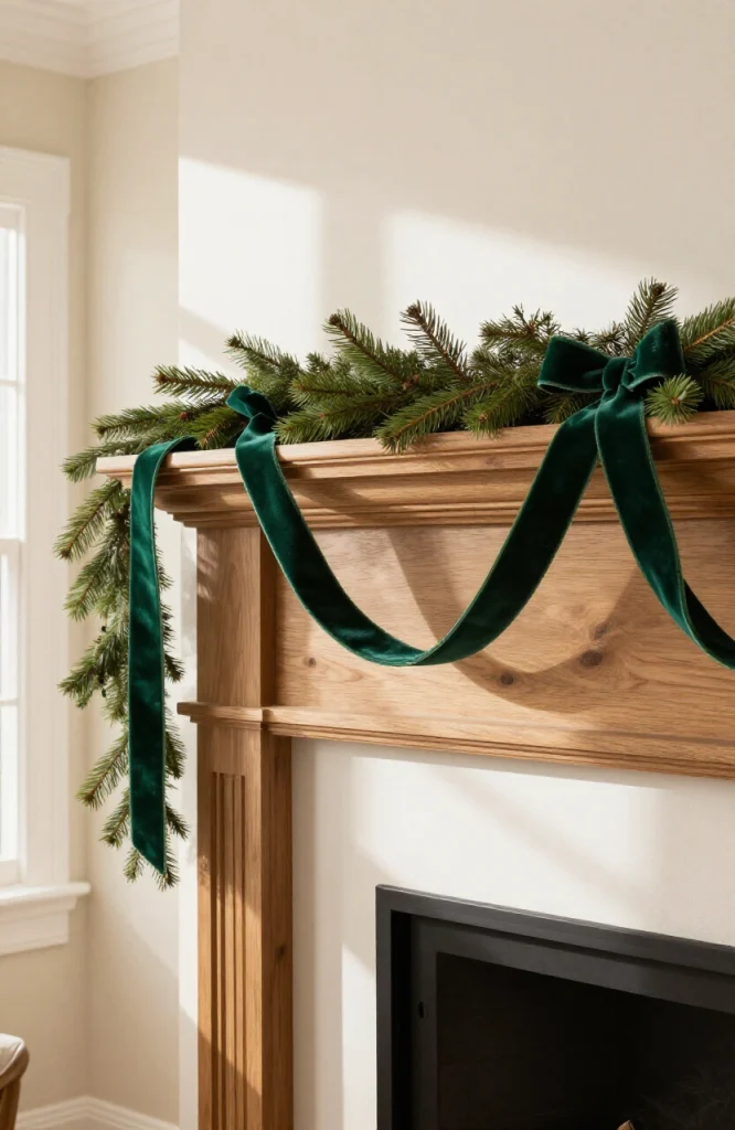 Festive Christmas mantel with green garland layered with red and gold ribbon for elegant holiday decoration