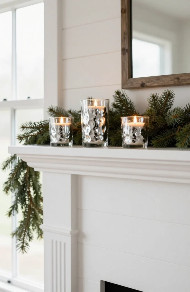 Mercury glass candleholders and ornaments arranged on a white Christmas mantel with greenery