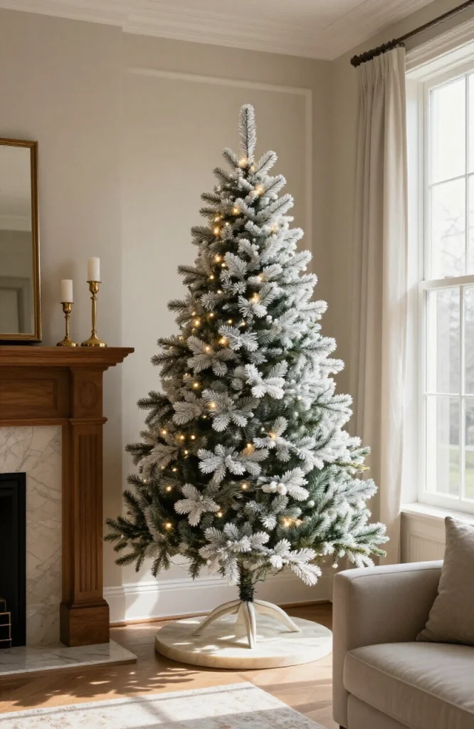 Small decorated tabletop Christmas tree on fireplace mantel with ornaments and lights