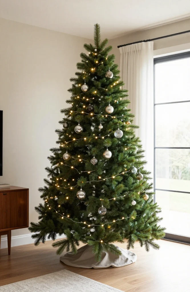 Modern heritage style Christmas tree with minimalist ornaments, metallic accents, and contemporary garland design