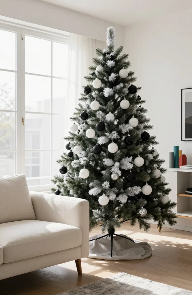 Elegant monochrome Christmas tree decorated with white, silver, and black ornaments, garland, and ribbon