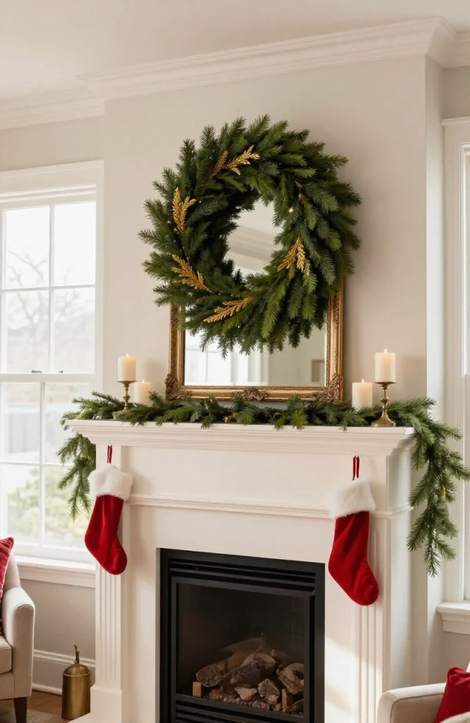 Large decorative wreath hung above fireplace mantel as focal point Christmas decoration
