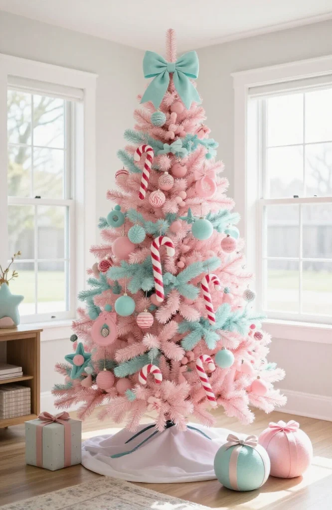Christmas tree decorated with pastel colored ornaments candy canes and soft pink blue green ribbons