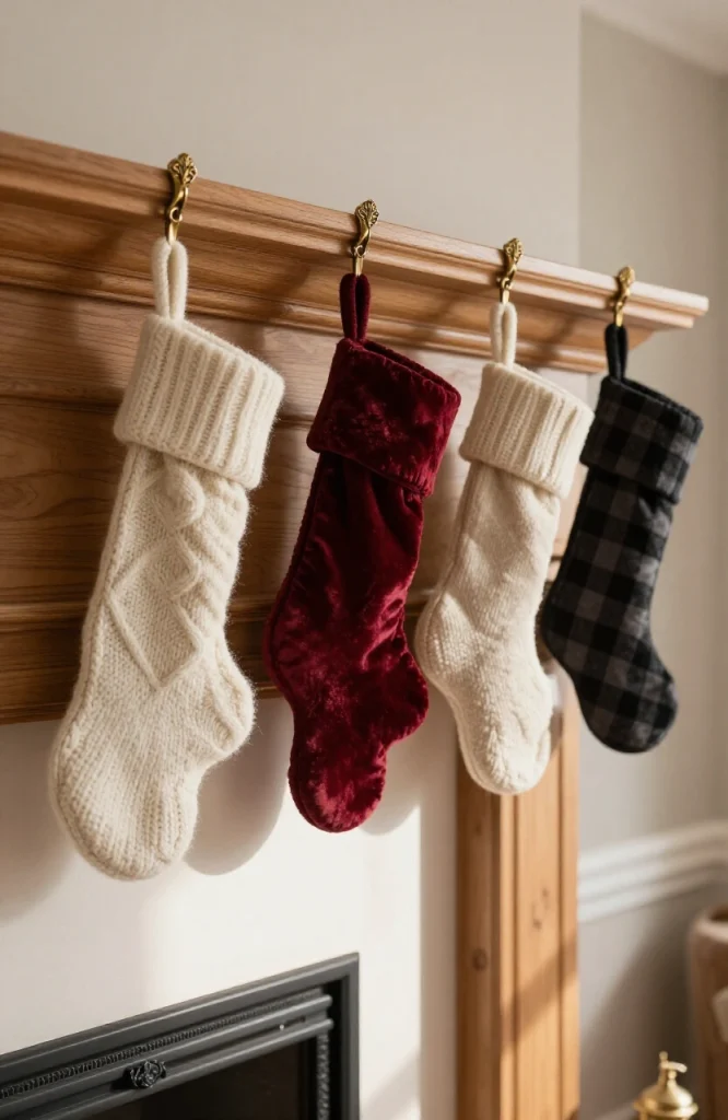 Colorful personalized stockings with names hung on a decorated fireplace mantel with garland and festive ornaments