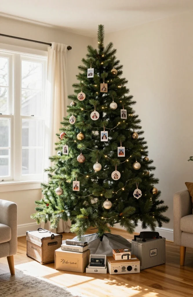Christmas tree decorated with personalized ornaments and photo frames telling family stories and memories