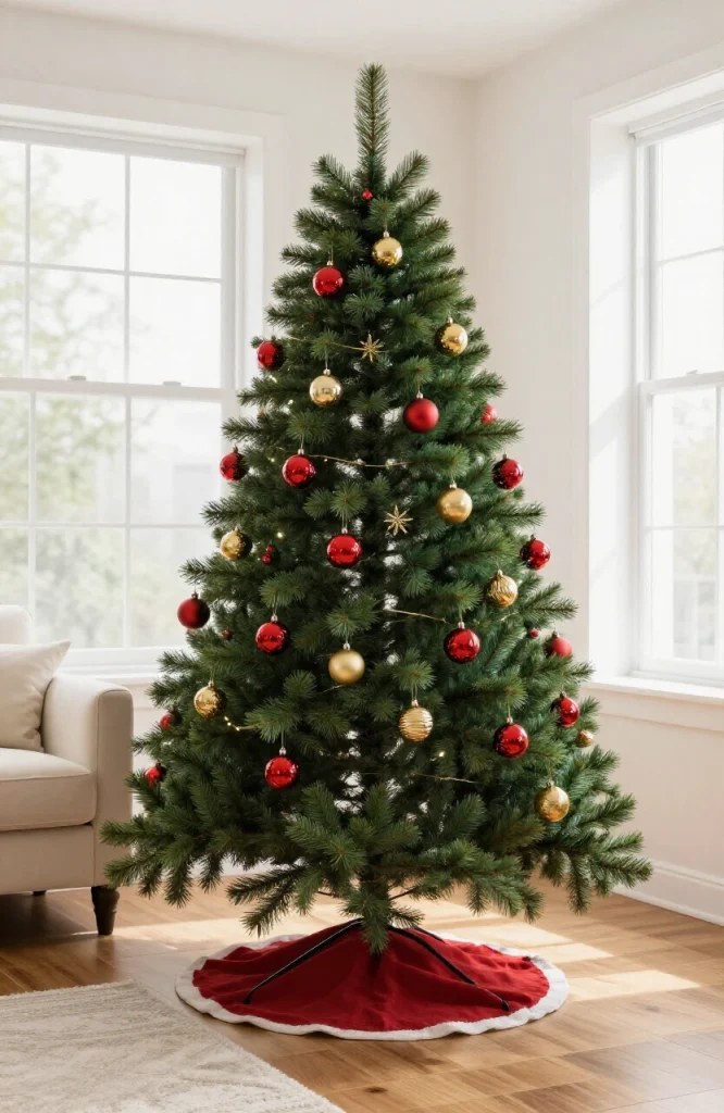 Christmas tree decorated with pet-safe ornaments and decorations away from toxic plants and fragile items