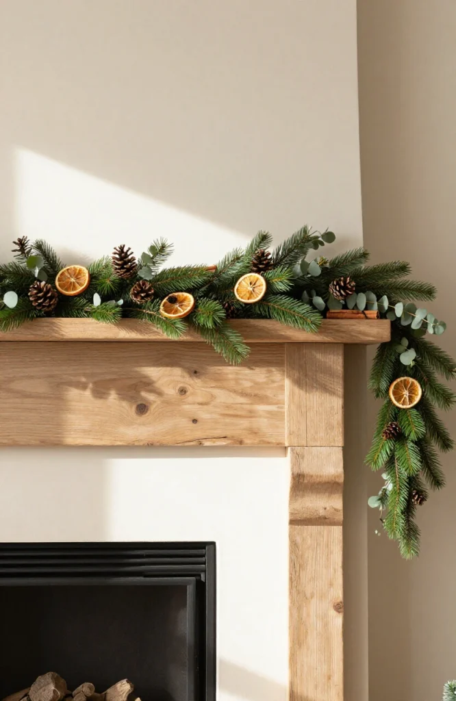 Christmas mantel decorated with pinecones, branches, and natural wood elements for rustic holiday styling