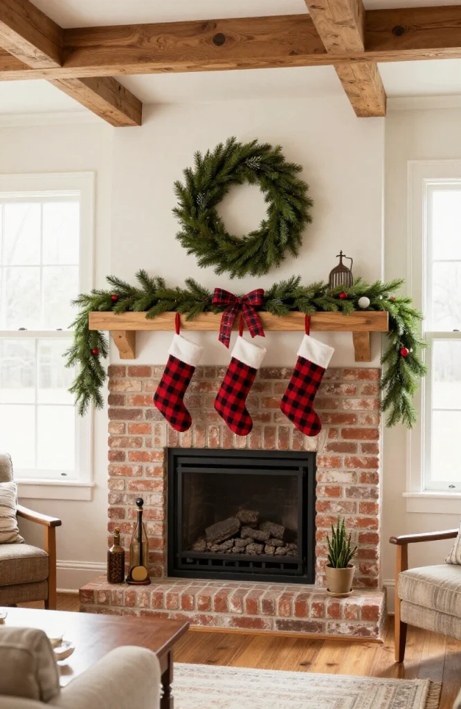 Christmas mantel decorated with plaid and buffalo check pattern accents including stockings, garland, and festive greenery