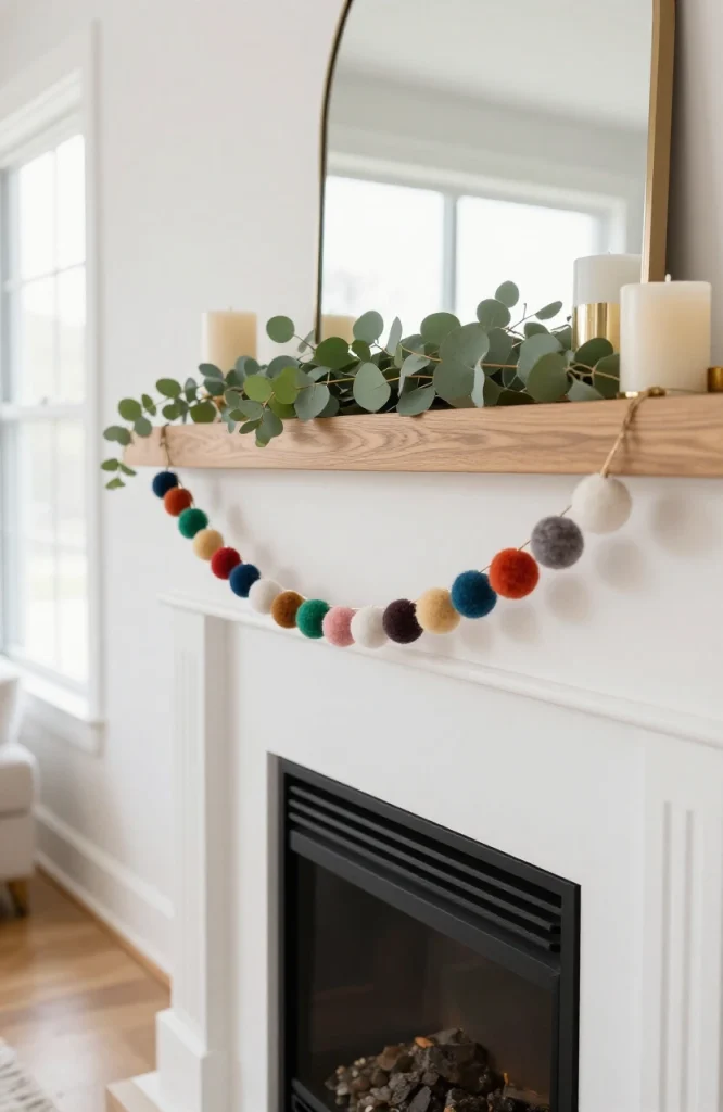 Christmas mantel decorated with colorful pom-pom and tassel garland draped across the shelf