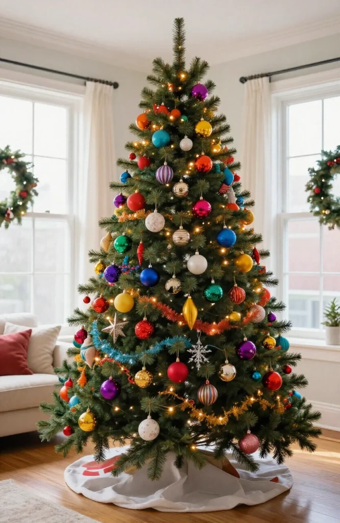 Vibrant maximalist Christmas tree decorated with rainbow colored ornaments, lights, and abundant garland in bold festive styl