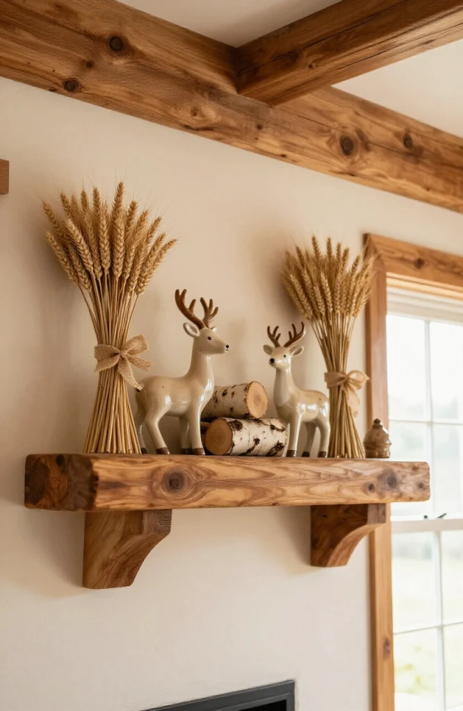 Mantel decorated with rustic woodland elements including branches, candles, and natural greenery for Christmas