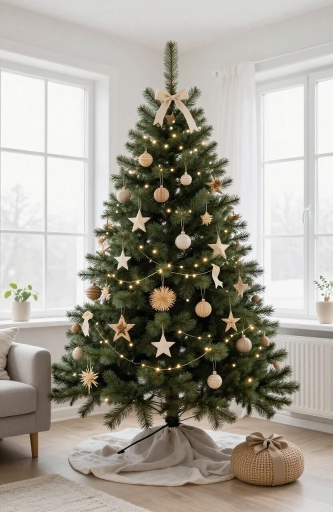 Minimalist Scandinavian Christmas tree with white and natural wood ornaments, simple garland, and neutral color palette decor