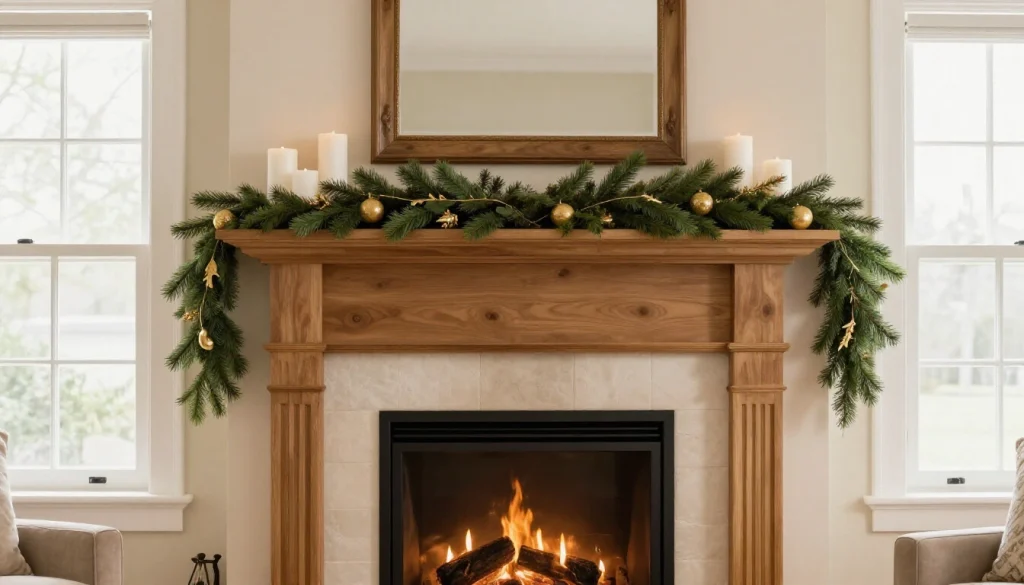 Decorated Christmas mantelpiece with garland, candles, stockings, and festive greenery arrangements