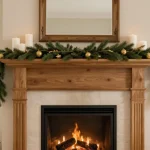 Decorated Christmas mantelpiece with garland, candles, stockings, and festive greenery arrangements
