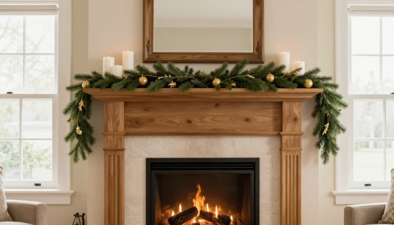 Decorated Christmas mantelpiece with garland, candles, stockings, and festive greenery arrangements