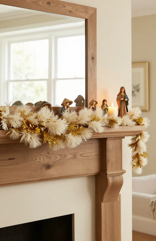 Miniature nativity scene with figurines displayed on a decorated Christmas mantel shelf