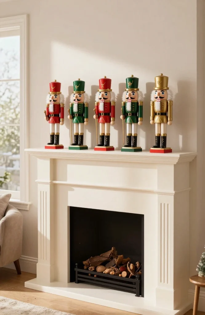 Row of small decorative nutcracker figurines arranged on a Christmas mantel shelf
