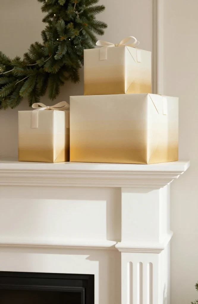 Red and white wrapped gift boxes stacked on Christmas mantel as decorative prop