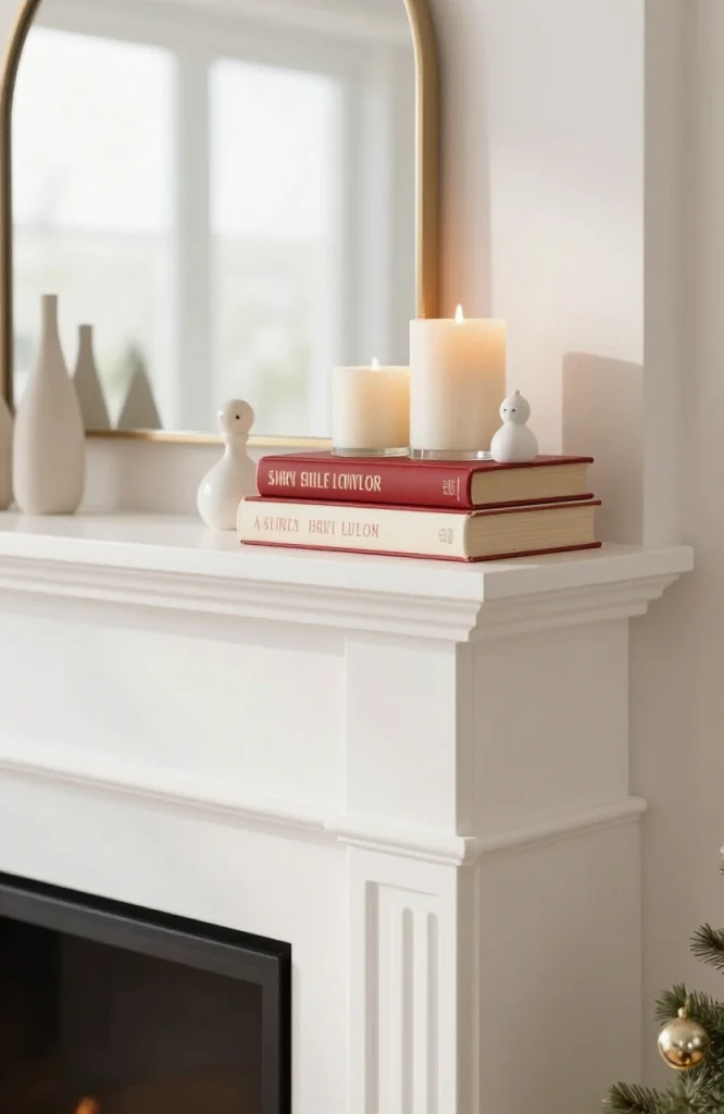 Christmas mantel decorated with stacked vintage books, evergreen garland, and festive ornaments creating a layered centerpiec