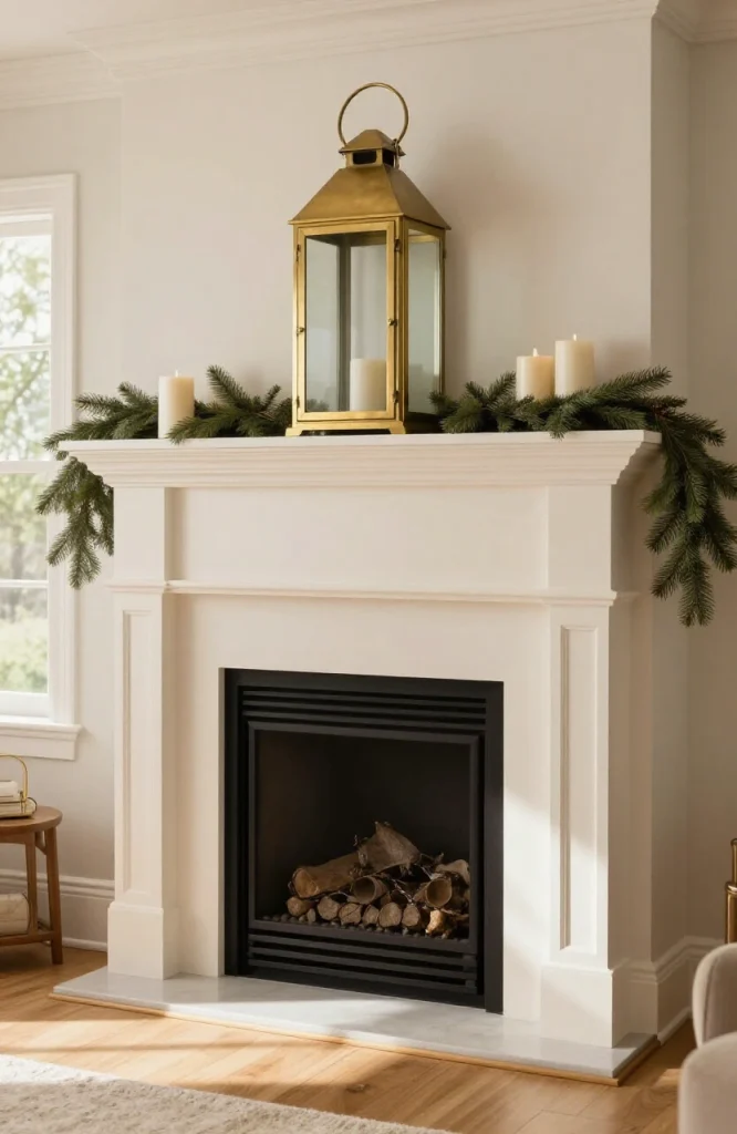Elegant Christmas mantel featuring single statement centerpiece with greenery candles and gold accents as focal point