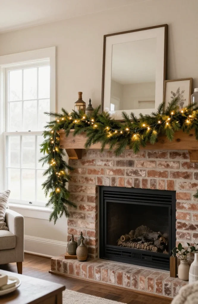 Christmas mantel decorated with string fairy lights woven through green garland and branches