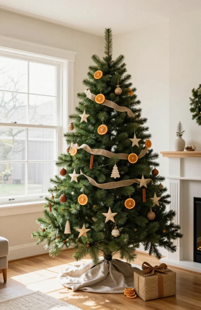 Eco-friendly Christmas tree decorated with natural ornaments, wooden accents, and sustainable decorative elements
