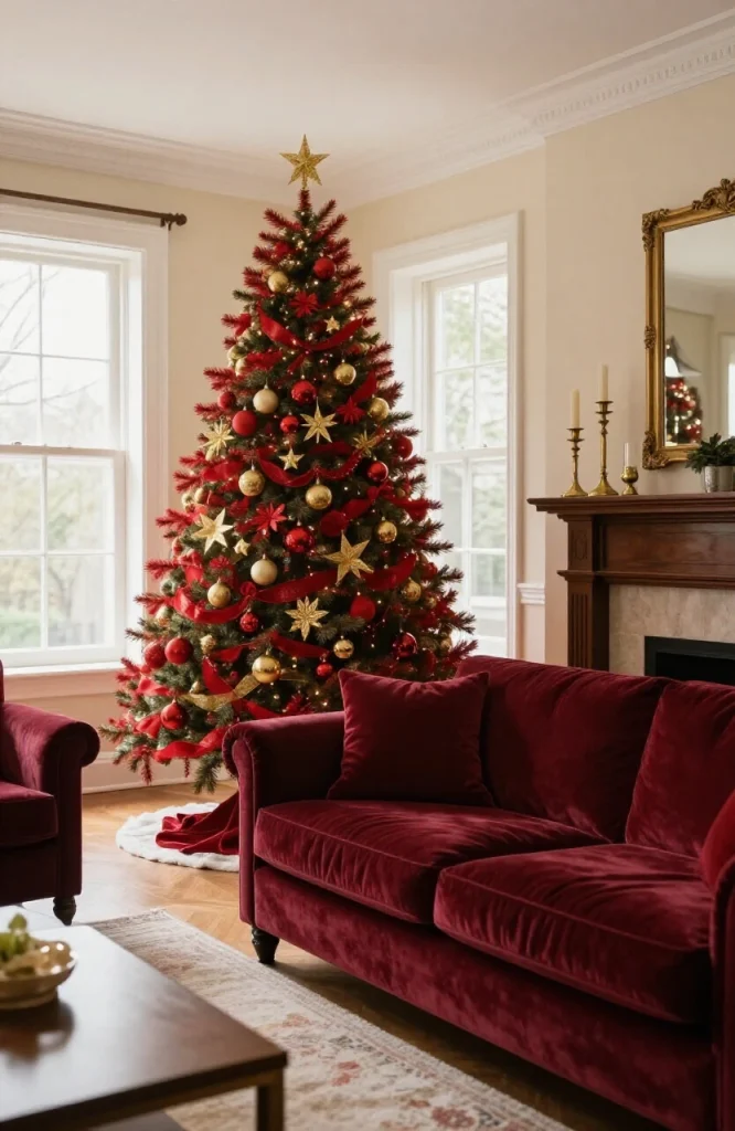 Fully decorated Christmas tree with red and gold ornaments, garland, and lights displaying classic traditional holiday decor