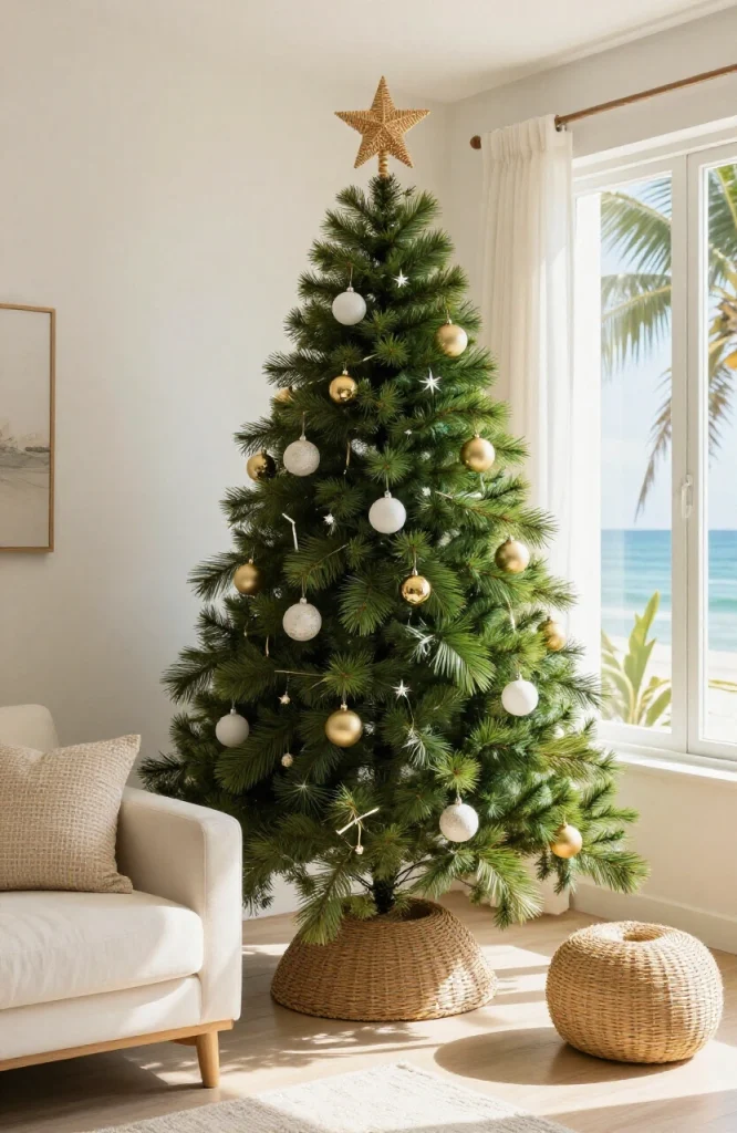Tropical Christmas tree decorated with palm fronds, gold accents, and coastal ornaments in Palm Beach style